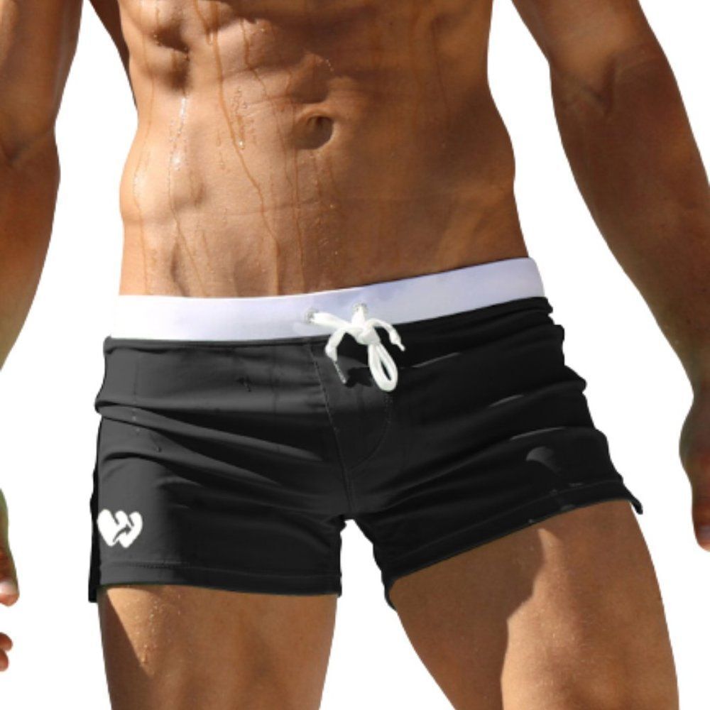 Men's Sexy Swim Trunks Back Pocket Resort Swimwear Black M
